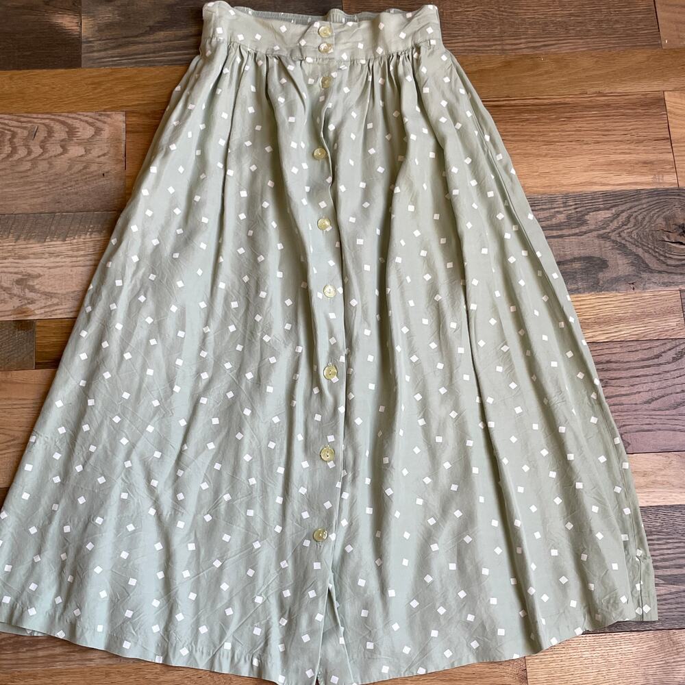 Vintage Bentley Polka Dot Midi Skirt Womens M Sage Green Button Front